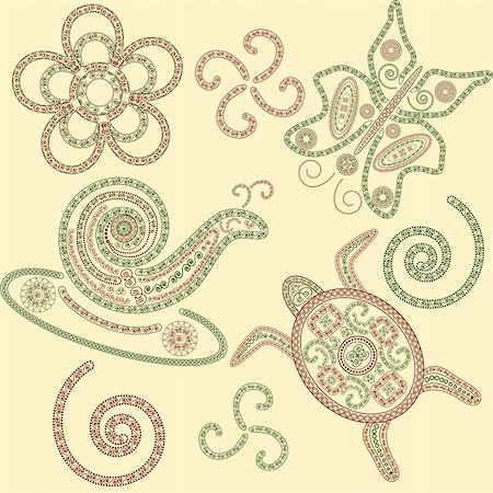 vector henna snail, butterfly and tortoise with ornamental element in oriental style Stock Photo - Budget Royalty-Free & Subscription, Code: 400-04769326