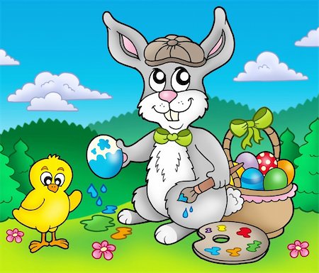 simsearch:400-07306161,k - Easter bunny artist and chicken - color illustration. Foto de stock - Super Valor sin royalties y Suscripción, Código: 400-04769434