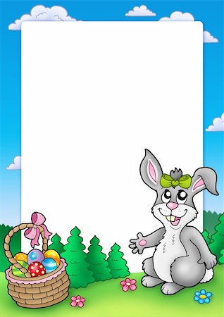 painted happy flowers - Easter frame with cute bunny - color illustration. Stock Photo - Budget Royalty-Free & Subscription, Code: 400-04769435
