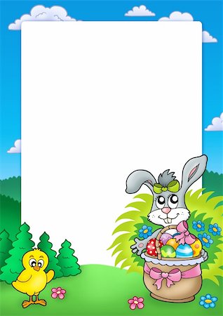 painted happy flowers - Frame with bunny and chicken - color illustration. Stock Photo - Budget Royalty-Free & Subscription, Code: 400-04769438