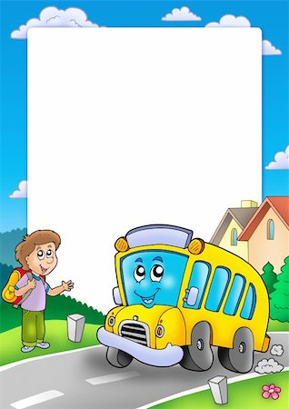 Frame with school bus and boy - color illustration. Stock Photo - Budget Royalty-Free & Subscription, Code: 400-04769444