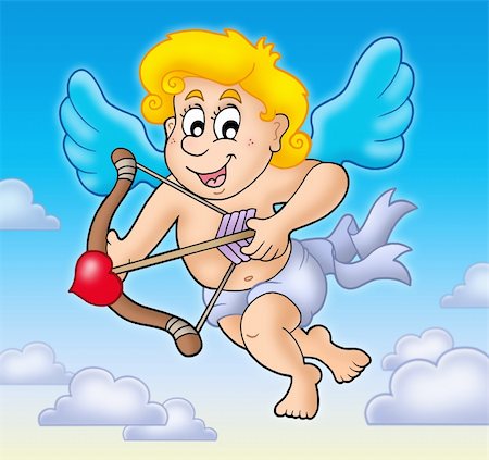 simsearch:400-05913687,k - Valentine Cupid with bow on sky - color illustration. Foto de stock - Super Valor sin royalties y Suscripción, Código: 400-04769466