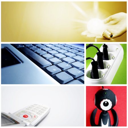 simsearch:400-05078674,k - Tehnology collage: light bulb ,cell phone, outlet, web camera and keyboard. Fotografie stock - Microstock e Abbonamento, Codice: 400-04760330