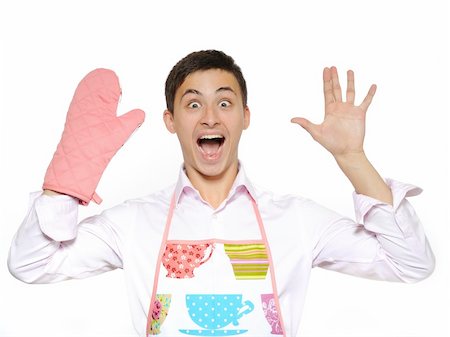 funny cooking man in apron ang kitchen glove screaming. isolated on white background Stock Photo - Budget Royalty-Free & Subscription, Code: 400-04760430