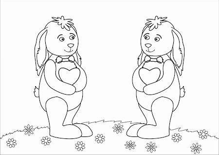 simsearch:400-04772550,k - Rabbits toys with valentines hearts in paws standing on a flower meadow, contours Foto de stock - Super Valor sin royalties y Suscripción, Código: 400-04761124