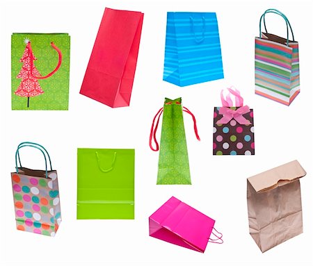 simsearch:400-05325346,k - Collection of Holiday Gift Bags Isolated on White with a Clipping Path.  Ten Bags Total. Photographie de stock - Aubaine LD & Abonnement, Code: 400-04761369