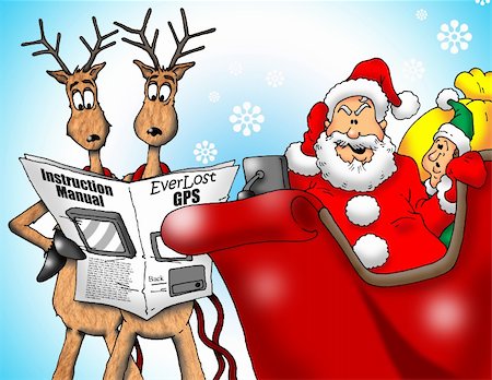 santa claus sleigh flying - Image of Santa with Reindeer and an Elf trying to figure out a GPS. Stock Photo - Budget Royalty-Free & Subscription, Code: 400-04761593