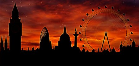simsearch:400-08152599,k - Image of the panorama of London - Big Ben, Big Wheel - at twilight Photographie de stock - Aubaine LD & Abonnement, Code: 400-04761784