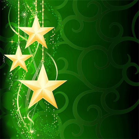 simsearch:400-04267314,k - Festive dark green Christmas background with golden stars, snow flakes and grunge elements. Foto de stock - Royalty-Free Super Valor e Assinatura, Número: 400-04761984