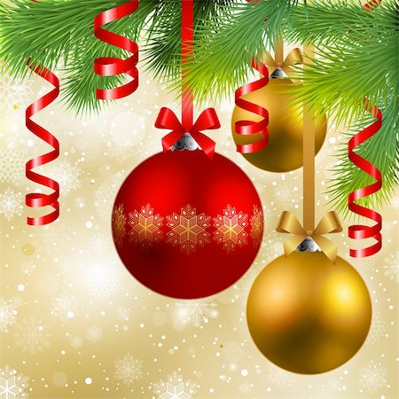 christmas background with red and golden baubles and fir tree Stock Photo - Budget Royalty-Free & Subscription, Code: 400-04762006