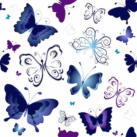simsearch:400-05890035,k - Seamless white pattern with blue and violet butterflies (vector) Foto de stock - Super Valor sin royalties y Suscripción, Código: 400-04762035