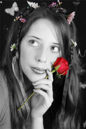 simsearch:400-04763033,k - Teenage model with flowers and butterflies in her hair Photographie de stock - Aubaine LD & Abonnement, Code: 400-04762835