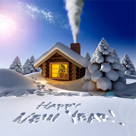 A small cottage in the fairy forest in snowy New Year's Eve. Around the hut on the snow trails and an inscription - a Happy New Year! Stock Photo - Budget Royalty-Free & Subscription, Code: 400-04763035