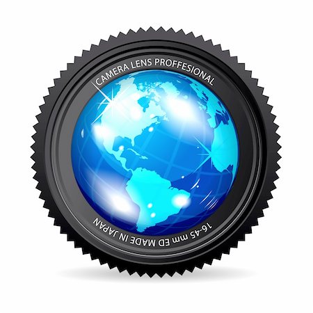 simsearch:400-04337386,k - Zoom the World! Vector illustration of camera lens with Globe Foto de stock - Royalty-Free Super Valor e Assinatura, Número: 400-04763404