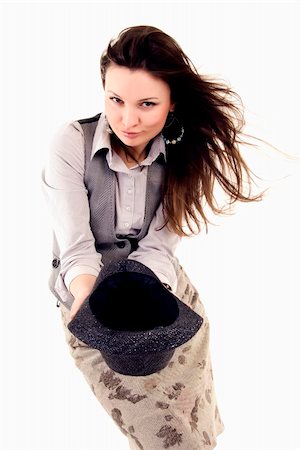 photographic portraits poor people - Young brunette holding an empty hat   symbolizing poverty and alms Stock Photo - Budget Royalty-Free & Subscription, Code: 400-04763448