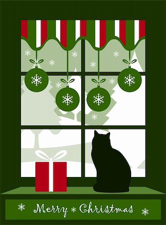 picture of cat sitting on plant - vector Christmas balls, cat and gift at window, Adobe Illustrator 8 format Stock Photo - Budget Royalty-Free & Subscription, Code: 400-04763682