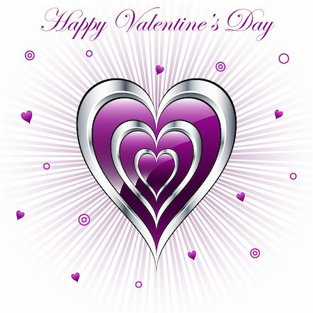 simsearch:400-05736913,k - Valentine purple and silver triple hearts with a subtle sunburst background, decorated with small hearts and circles. Fotografie stock - Microstock e Abbonamento, Codice: 400-04774218