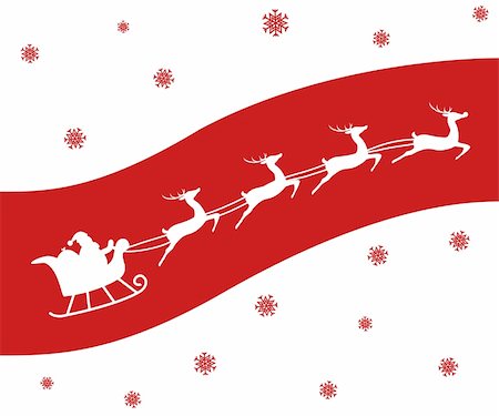 santa claus sleigh flying - Christmas card of a Silhouette of Santa and his reindeer including Rudolph. White on Red. Stock Photo - Budget Royalty-Free & Subscription, Code: 400-04775661