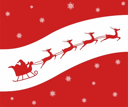 santa claus sleigh flying - Christmas card of a Silhouette of Santa and his reindeer including Rudolph. Red on White. Stock Photo - Budget Royalty-Free & Subscription, Code: 400-04775662