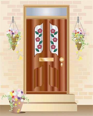 petunia - an illustration of a fancy front door with summer hanging baskets full of flowers Foto de stock - Super Valor sin royalties y Suscripción, Código: 400-04776531