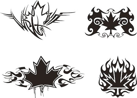 Four Canadian maple leaf flame & tattoo designs.  Vinyl-ready EPS Illustrations, black and white sketches. Stock Photo - Budget Royalty-Free & Subscription, Code: 400-04777908