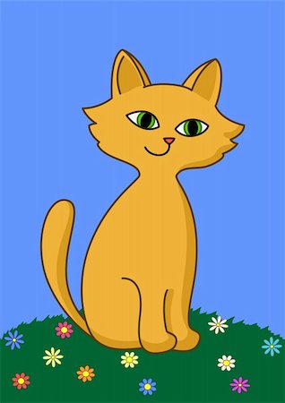 simsearch:400-05297876,k - Kitten sits on a flower meadow. Flowers, grass, blue summer sky Foto de stock - Royalty-Free Super Valor e Assinatura, Número: 400-04779016