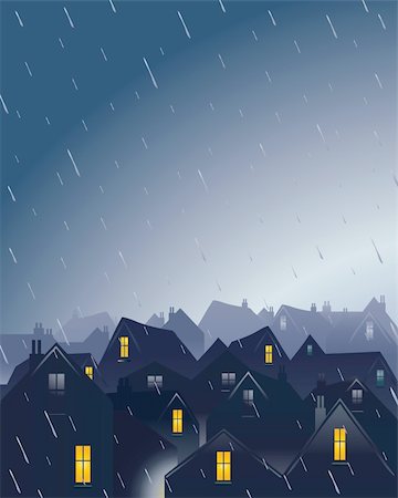 rain on roof - an illustration of a rainy evening over rooftops with a dramatic sky Stock Photo - Budget Royalty-Free & Subscription, Code: 400-04779494