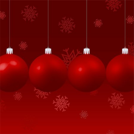 simsearch:400-07920008,k - Four red christmas balls hanging side by side on a red background with snow flakes Fotografie stock - Microstock e Abbonamento, Codice: 400-04770466