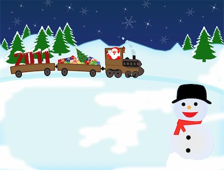 Background with snowman and Santa Claus in a toy train with gifts and 2011 Year Stock Photo - Budget Royalty-Free & Subscription, Code: 400-04770497