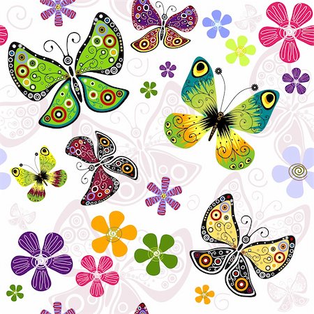 simsearch:400-05890035,k - White effortless floral pattern with vivid butterflies (vector) Foto de stock - Super Valor sin royalties y Suscripción, Código: 400-04770556