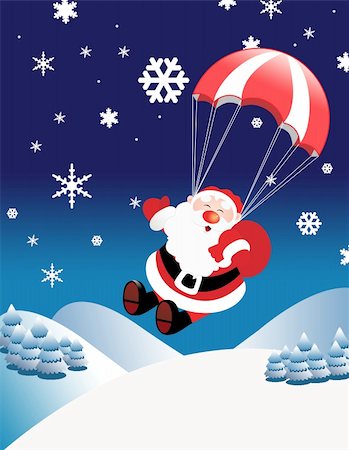 Illustration of winter wood and Santa Claus with gifts on a parachute Stock Photo - Budget Royalty-Free & Subscription, Code: 400-04771151