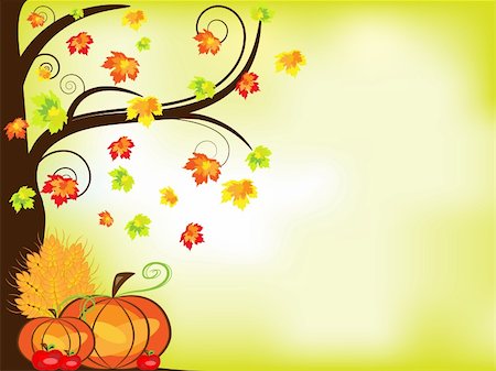 pumpkin leaf pattern - Vector picture of thanksgiving background with pumpkins, crop, apples and tree. RGB Foto de stock - Super Valor sin royalties y Suscripción, Código: 400-04771352