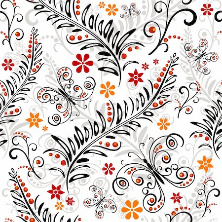 simsearch:400-05890035,k - White effortless floral pattern with flowers and butterflies (vector) Foto de stock - Super Valor sin royalties y Suscripción, Código: 400-04772743