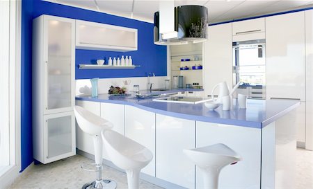 simsearch:400-08315056,k - Blue white kitchen modern interior design house architecture Fotografie stock - Microstock e Abbonamento, Codice: 400-04773234