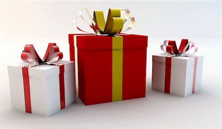 simsearch:400-08499180,k - Three gifts. One bigger red and two smaller white Fotografie stock - Microstock e Abbonamento, Codice: 400-04773355