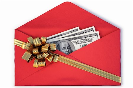 open a paper envelope with the dollars tied with golden ribbon and bow. isolated on white with clipping path. Stock Photo - Budget Royalty-Free & Subscription, Code: 400-04784243