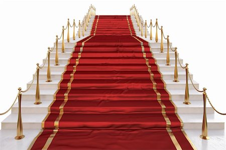 Red carpet to the stairs lined with gold stanchions on a white background Stock Photo - Budget Royalty-Free & Subscription, Code: 400-04784346