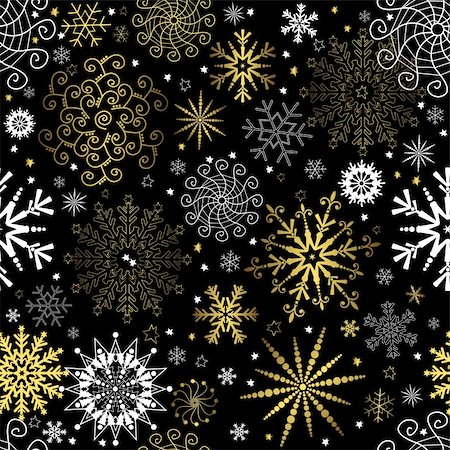 simsearch:400-04709734,k - Seamless black christmas wallpaper with white and golden  snowflakes (vector) Stock Photo - Budget Royalty-Free & Subscription, Code: 400-04784349