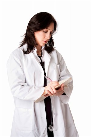 doctor with hispanic patients prescription - Female doctor physician in white coat and stethoscope writing medical prescription note in patient chart, isolated. Stock Photo - Budget Royalty-Free & Subscription, Code: 400-04784871