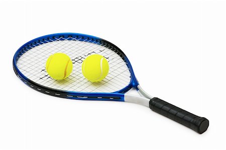 Two tennis balls and racquet isolated on white Stock Photo - Budget Royalty-Free & Subscription, Code: 400-04785398