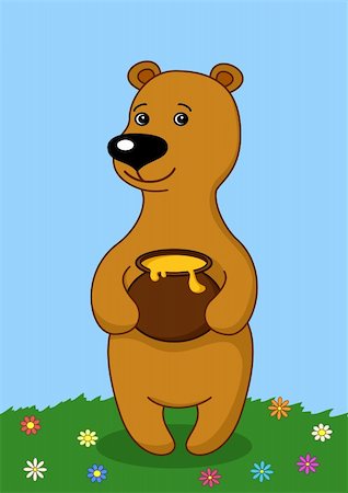simsearch:400-04772550,k - Teddy bear with a honey pot standing on a flower meadow Foto de stock - Super Valor sin royalties y Suscripción, Código: 400-04785518