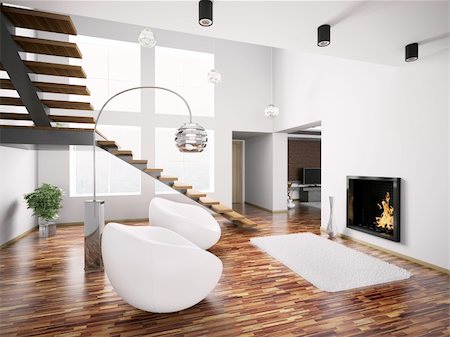 Modern interior with fireplace and staircase 3d render Stock Photo - Budget Royalty-Free & Subscription, Code: 400-04785753