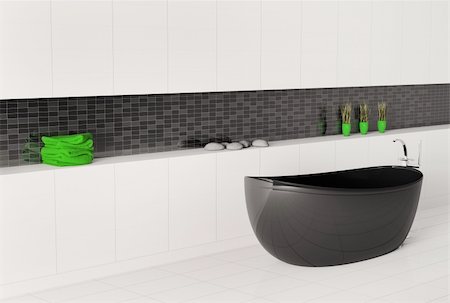 bathroom interior with black white wall 3d render Stock Photo - Budget Royalty-Free & Subscription, Code: 400-04785765