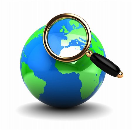 abstract 3d illustration of earth globe and magnify glass, over white background Stock Photo - Budget Royalty-Free & Subscription, Code: 400-04785952