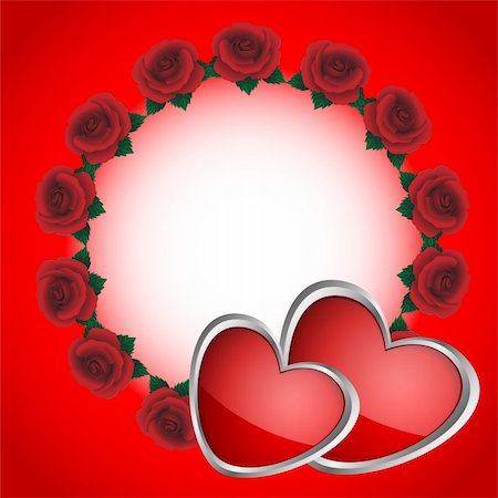 Celebratory wreath made of red blossoming roses and two hearts on a red background Stock Photo - Budget Royalty-Free & Subscription, Code: 400-04786729