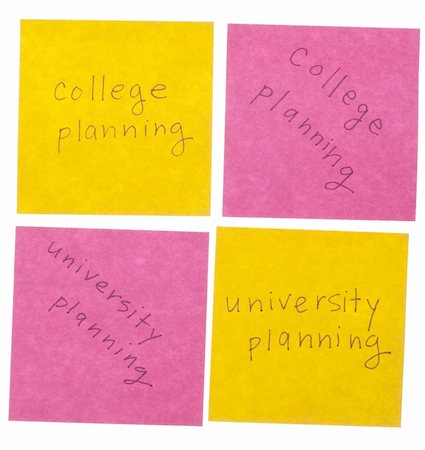 simsearch:400-05325346,k - College and University Planning Handwritten Notes in Pink and Yellow Isolated on White with a Clipping Path. Photographie de stock - Aubaine LD & Abonnement, Code: 400-04787700