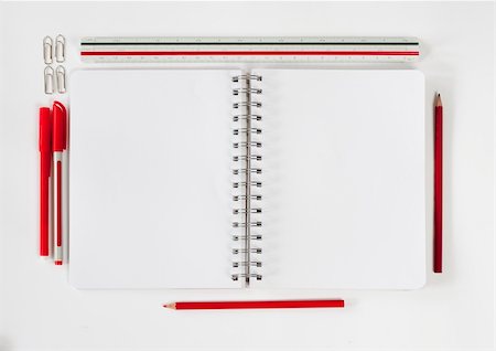 Open notebook with various stationeries or office supplies, white blank pages Stock Photo - Budget Royalty-Free & Subscription, Code: 400-04788119