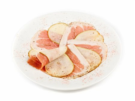 sahua (artist) - Sliced bacon with sliced pear decorated isolated on a white Foto de stock - Super Valor sin royalties y Suscripción, Código: 400-04788349