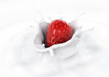 Strawberry falls into milk causing splash and drops all around Stock Photo - Budget Royalty-Free & Subscription, Code: 400-04780397