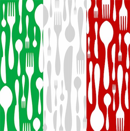 diner cook - Italian Cuisine. Cutlery silhouettes: spoon, knife and fork pattern on green, white and red wide striped background as an icon of the country flag. Vector available Stock Photo - Budget Royalty-Free & Subscription, Code: 400-04780766